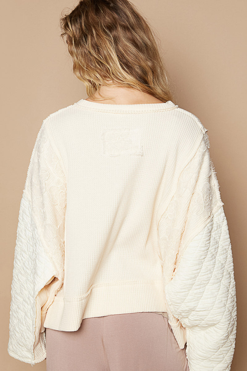 Cream Round Neck, Full Sleeve, Oversized Top