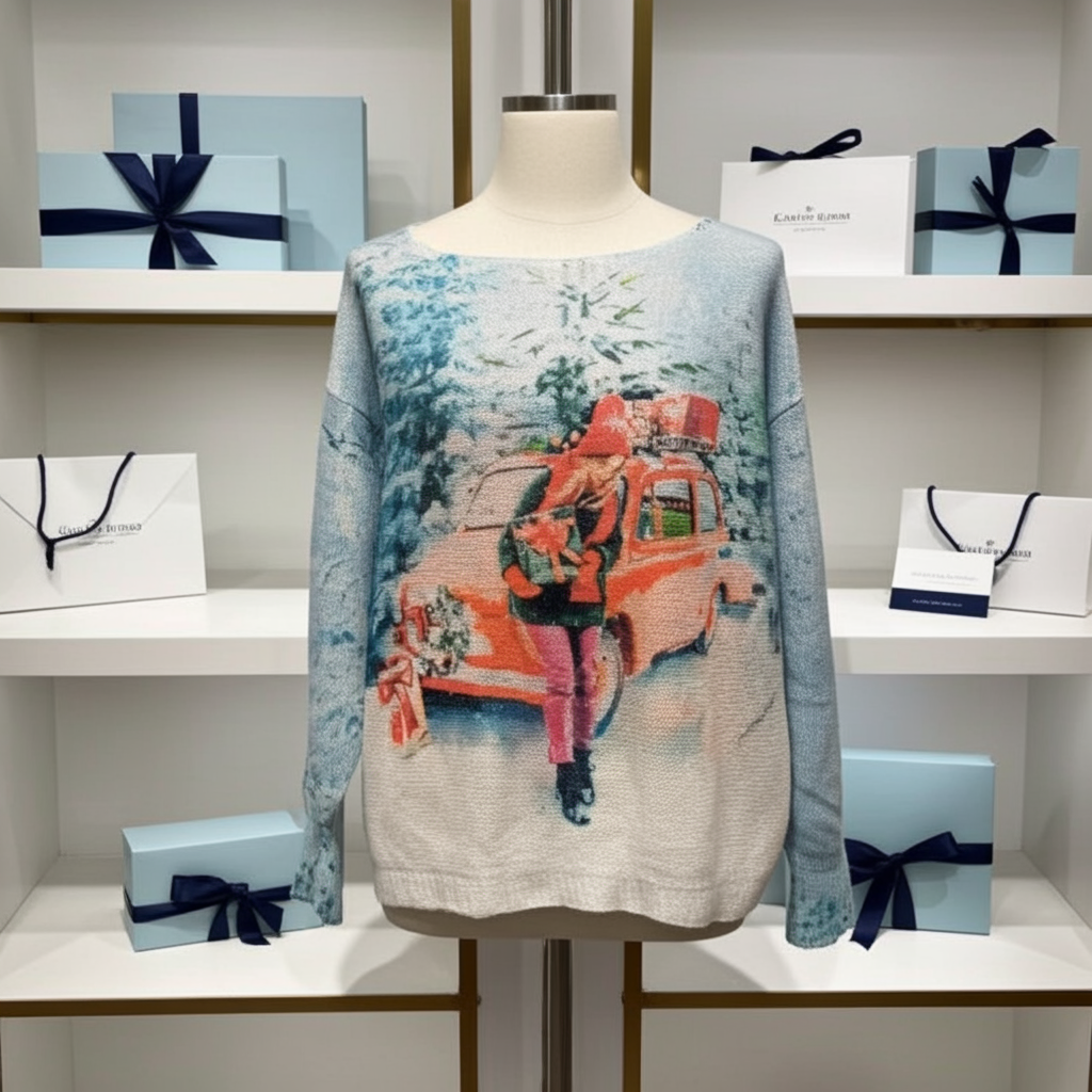 Pogif Blue Gift Round Knit Printed Sweater