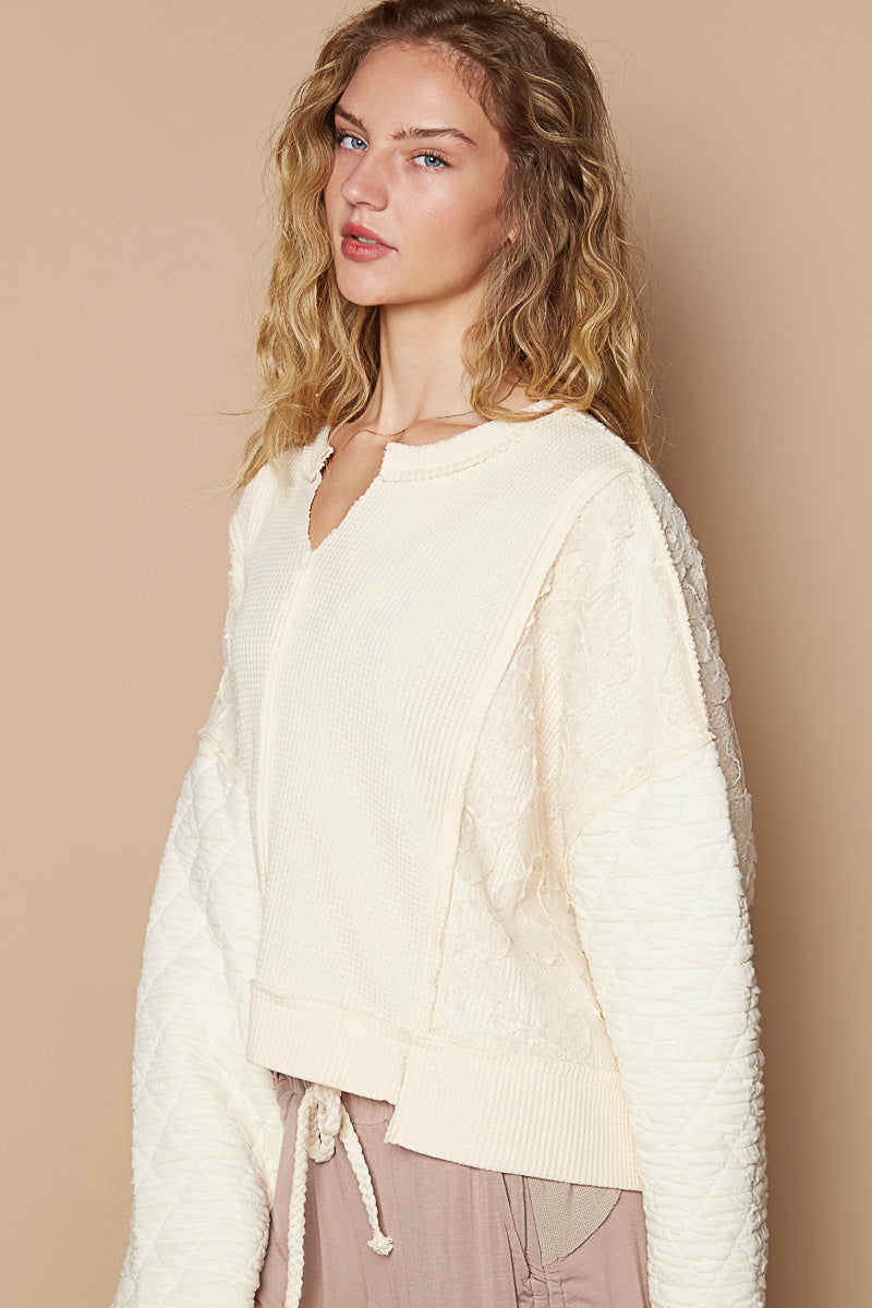 Cream Round Neck, Full Sleeve, Oversized Top