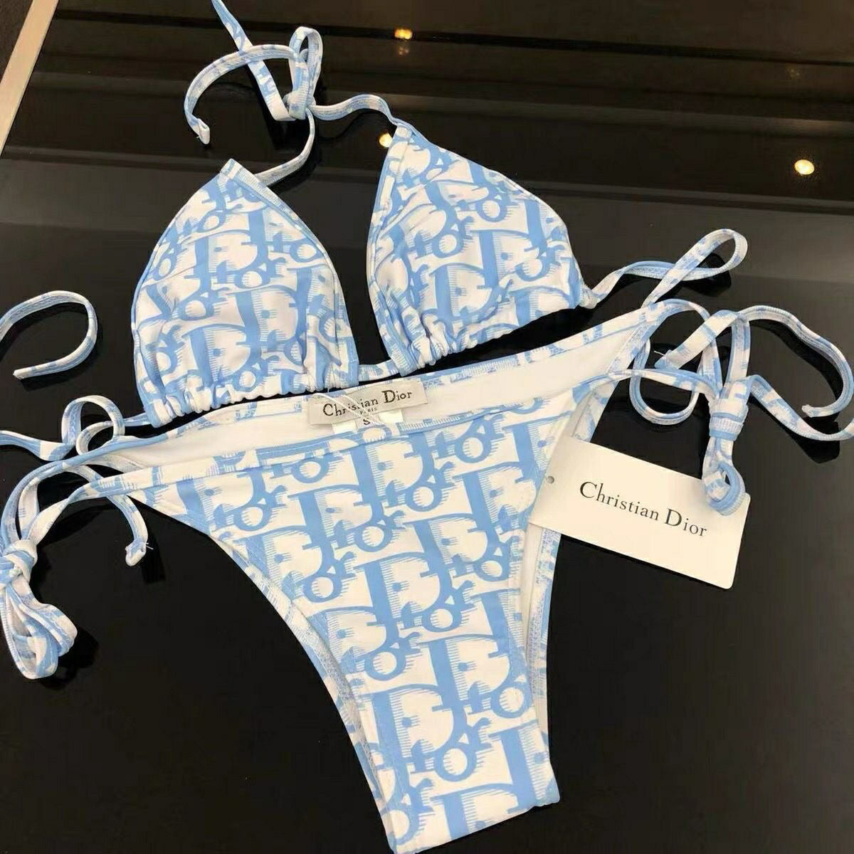 Christian Dior Blue Dots Monogram Pattern Two Pieces Bikini Swimsuit